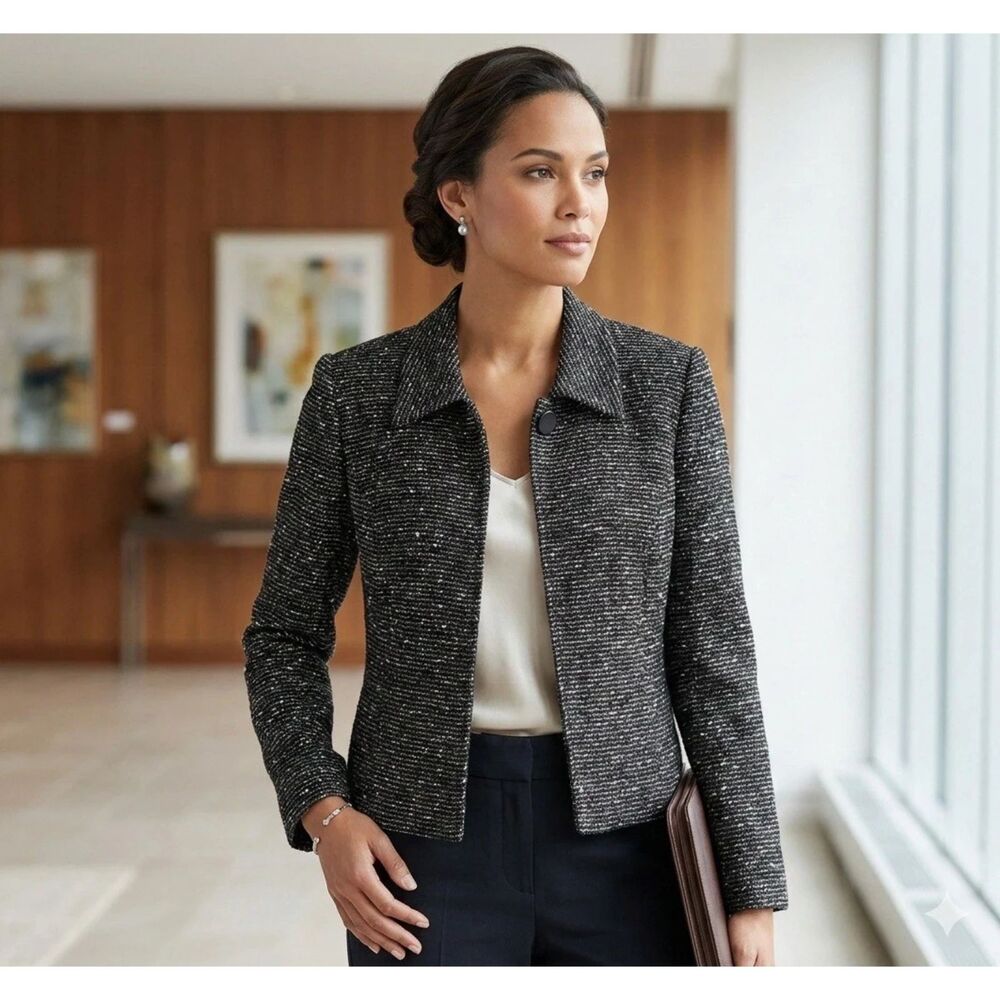 Florine Wachter Blazer Womens Sz 14 USA Black Cropped Zip Up Wool Tweed Career
